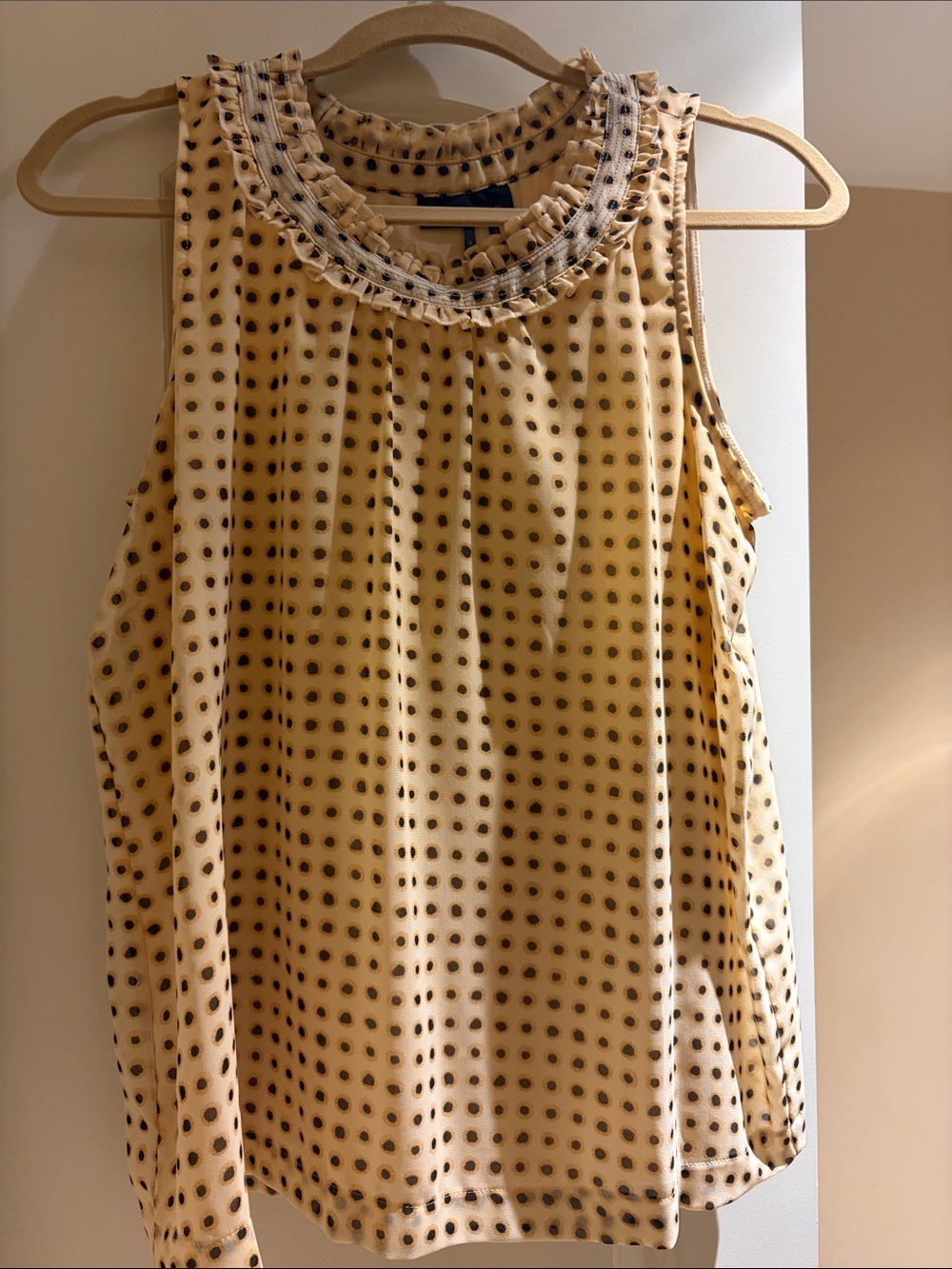 NWT Donna Karan Sleeveless cream and pale yellow and brown polka Dot Blouse -